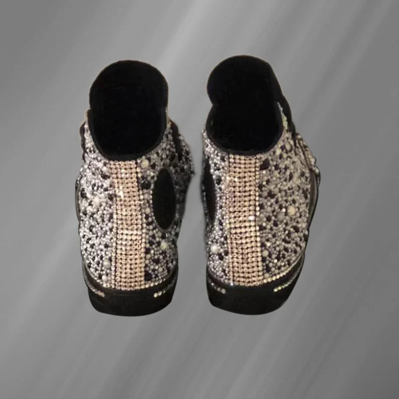 Handcrafted Black Diamond-Filled Party Personality Canvas Shoes Large Size High Top Lace-Up Casual Sports Women's Shoes 35-46