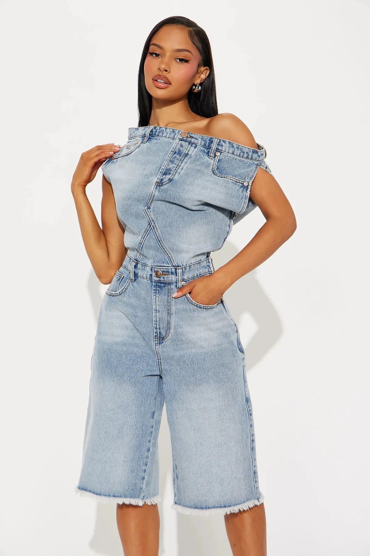 Jumpsuits Women Denim One Piece Short Sleeve Overalls Knee Length Pants Tight Waist Rompers Y2k Streetwear Slash Neck 2026