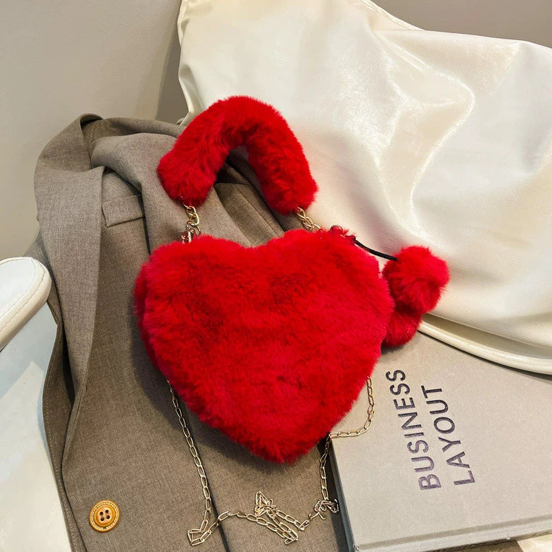 Large Capacity Fur Handbag Heart Shape Ladies Shoulder Bag Fashionable Cute Soft Zipper Closure Interior Phone Pocket