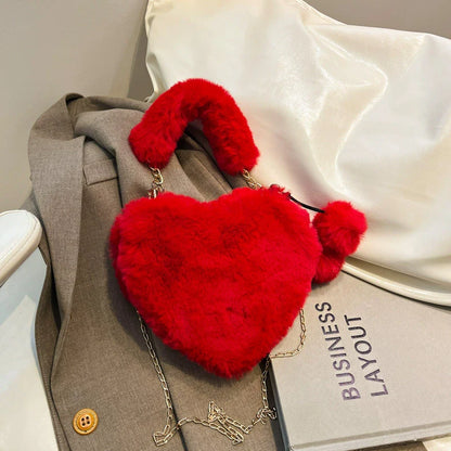 Large Capacity Fur Handbag Heart Shape Ladies Shoulder Bag Fashionable Cute Soft Zipper Closure Interior Phone Pocket