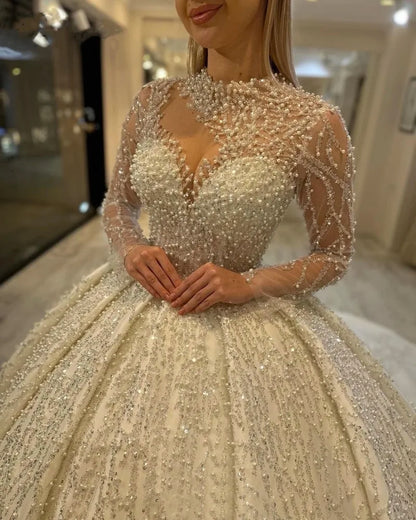 Customized Glamorous Pearls Sequins Long Sleeves Wedding Dresses Princess Beading Bride Ball Gowns Vestidos De Novia