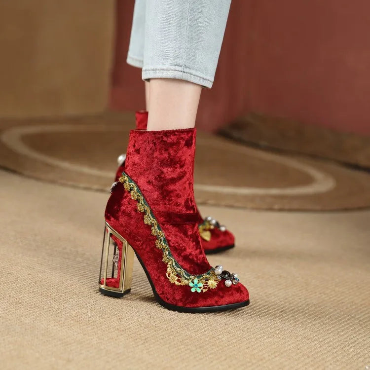 Royal Gemstone Jeweled Flower Velvet Ankle Boots Floral Crystal Cage Fretwork High Heels Blue Red Black Woman Bridal Booties