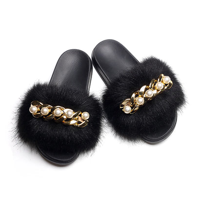 Fluffy Slippers Women Flip Flops Luxury Pearl Chain Faux Fur Slides Flat House Slippers Beach Summer Sandals Ladies Casual Shoes