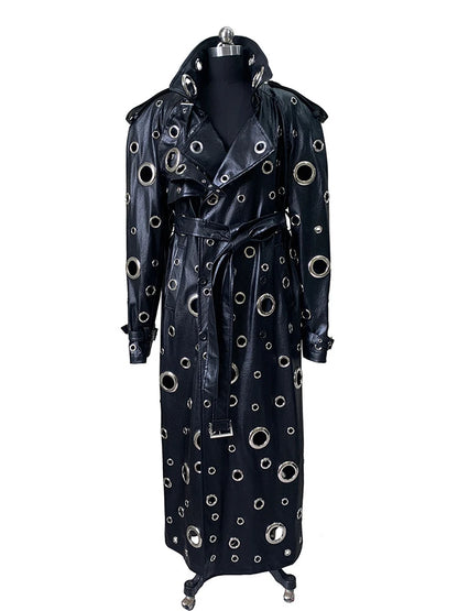 Nerazzurri Autumn Oversized Extra Long Pu Leather Trench Coat for Women Holes Hollow Out Luxury Designer Emo Streetwear Overcoat