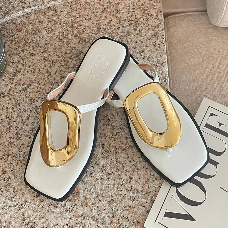 New In 2025 Luxury Women Slippers Summer Beach Fashion Metal Flip Flops Female Slides Slippers Ladies Flats Sandals Shoes