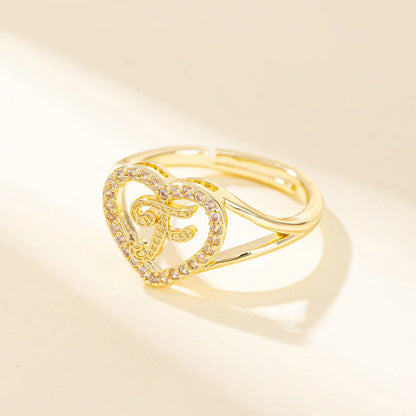 White Zircon 26 Letters A-Z Love Heart Open Adjustable Rings For Women Gold Silver Color Wedding Band Jewelry Mother's Day Gifts