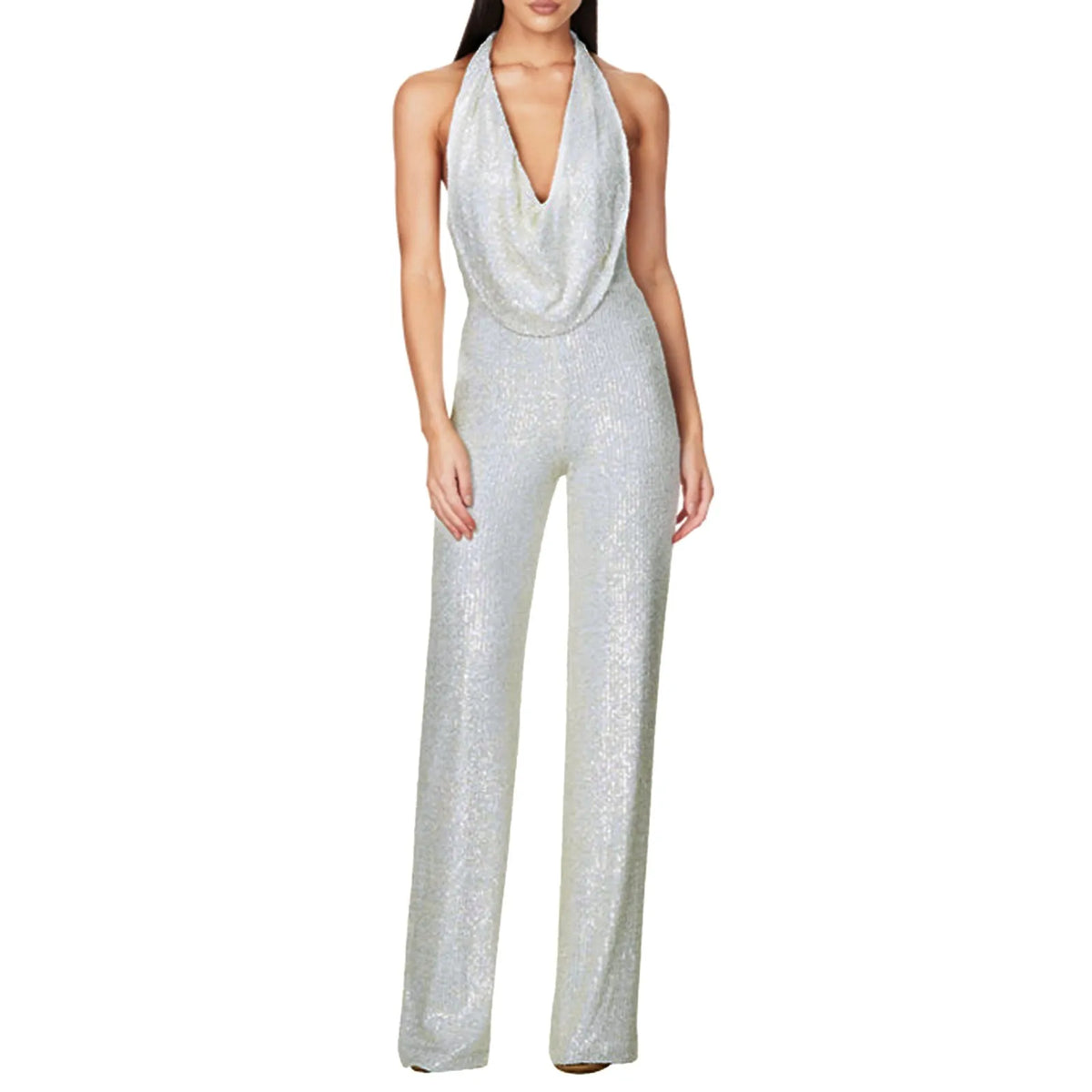 Elegant Women Deep V Wide Leg Jumpsuits Swing Neck Sleeveless Halter One-Piece Jumpsuits Fashion Sequin Shiny Party Romper