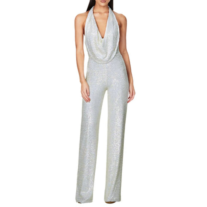 Elegant Women Deep V Wide Leg Jumpsuits Swing Neck Sleeveless Halter One-Piece Jumpsuits Fashion Sequin Shiny Party Romper