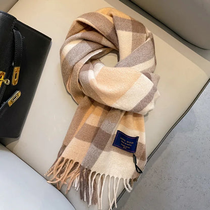 2025 Women 100% Wool Scarf Luxury Plaid Cashmere Handkerchief Warm Winter Female Shawl Pareo Soft Bufanda British Korean