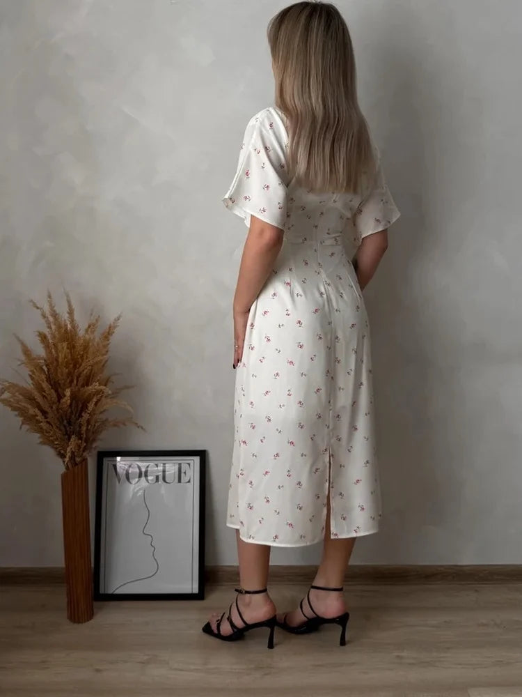 Tossy Floral Print Midi Dress Ruched Dress Round Neck Short Sleeve Fitted Waist Small Flower Print Bodycon Party Clubwear Dress