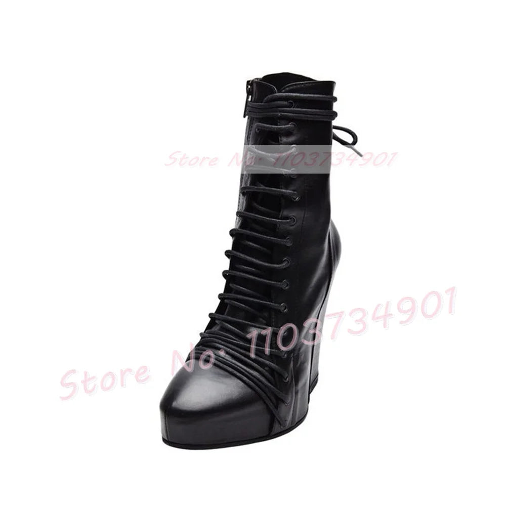 Patchwork Wedge Platform Ankle Boots Women Fashion Round Toe Front Lace Up Shoes Ladies Punk Chic Zipper Suede Cross Tied Boots