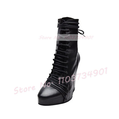 Patchwork Wedge Platform Ankle Boots Women Fashion Round Toe Front Lace Up Shoes Ladies Punk Chic Zipper Suede Cross Tied Boots