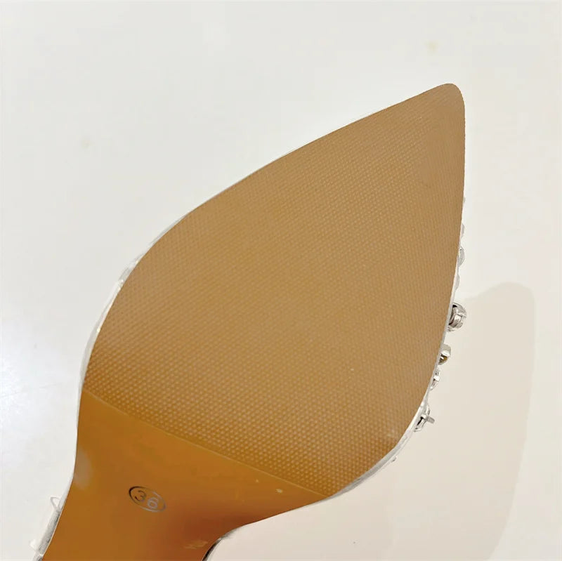 Liyke 2026 New Gold Silver Diamond Rivet Pointed Toe Slingback Sandal Women Pumps Sexy Clear High Heels Wedding Party Prom Shoes