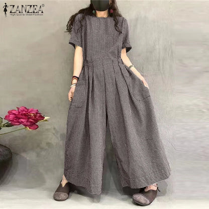 ZANZEA Short Sleeve Checked Wide Leg Overalls Pleated Waist O Neck Loose Casual Gingham Jumpsuits 2024 Fashion Women Long Romper