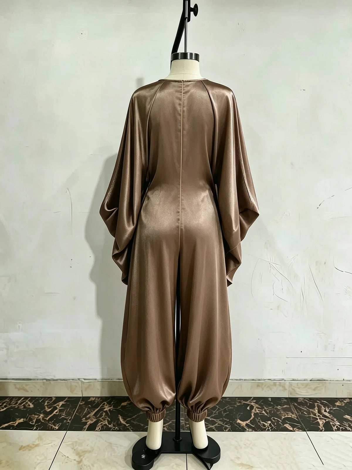New Spring Autumn Solid V Neck Batwing Sleeve Loose Jumpsuit Women Fashion Satin Wide Leg Pants Jumpsuits Casual Holiday Rompers