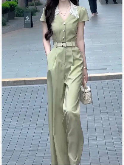 Long Women's Rompers Lazy Style Slimming Short Sleeved Jumpsuit For Women 2024 Summer New Fashion French V-neck Versatile trend