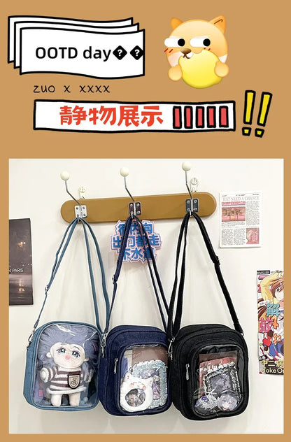 New Denim Ulzzang Ita Bags Female Transparent Badge Doll Show Crossbody Shoulder Bag Individuality Designer 2 Sides Bolso Mujer