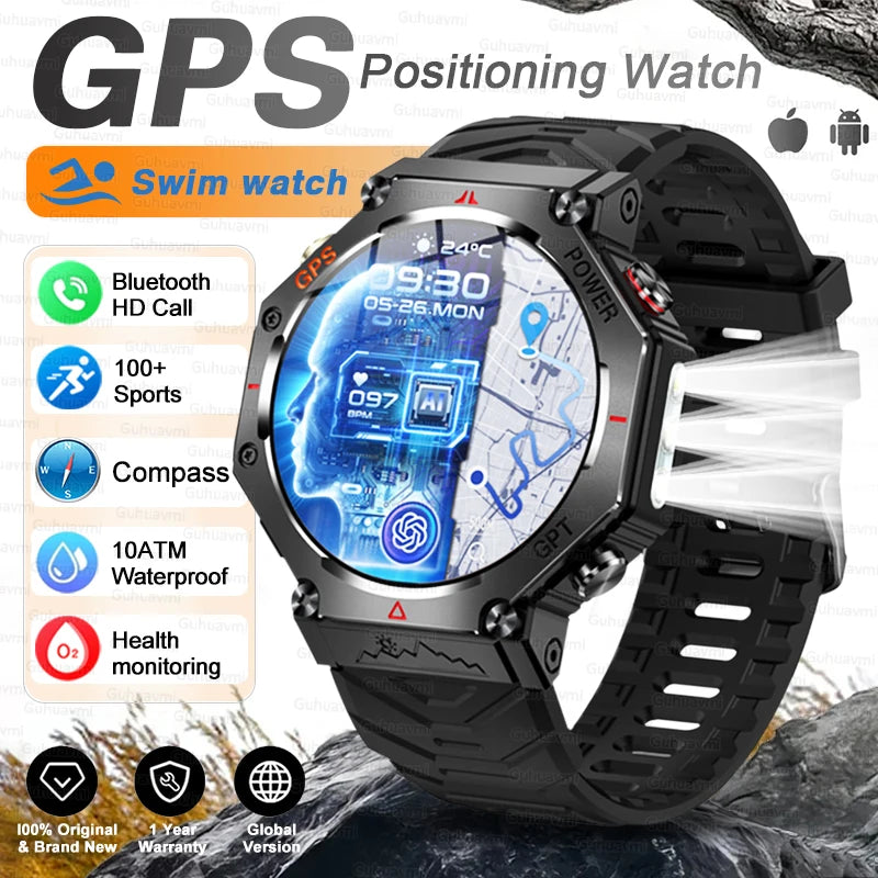 New Military Real GPS Smart Watch Men 10ATM IP69K Waterproof Swim Sports Watches Flashlight Bluetooth Call AMOLED HD Smartwatch