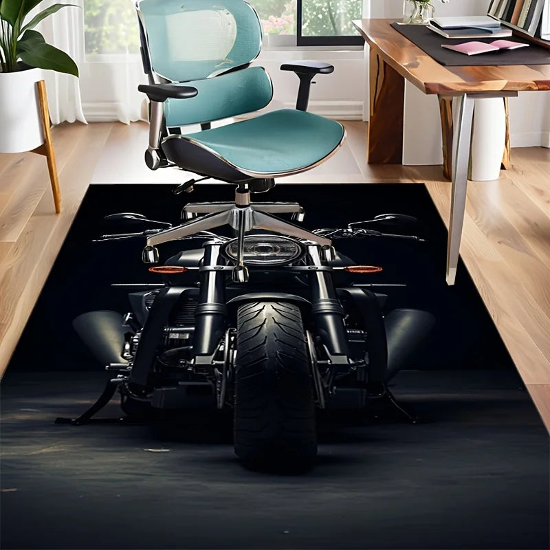 Motorcycle Art Rug for Modern Homes - Stylish Black Bike Design Carpet Perfect for Living Room Decor and Motorcycle Enthusiasts
