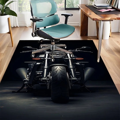 Motorcycle Art Rug for Modern Homes - Stylish Black Bike Design Carpet Perfect for Living Room Decor and Motorcycle Enthusiasts