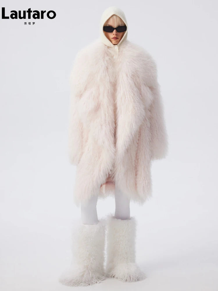 Lautaro Autumn Winter Long Oversized White Thick Warm Soft Faux Fur Coat Women Loose Stylish Luxury Fluffy Overcoat Streetwear