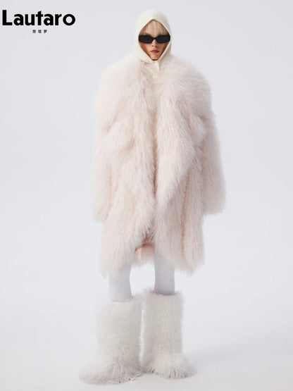 Lautaro Autumn Winter Long Oversized White Thick Warm Soft Faux Fur Coat Women Loose Stylish Luxury Fluffy Overcoat Streetwear