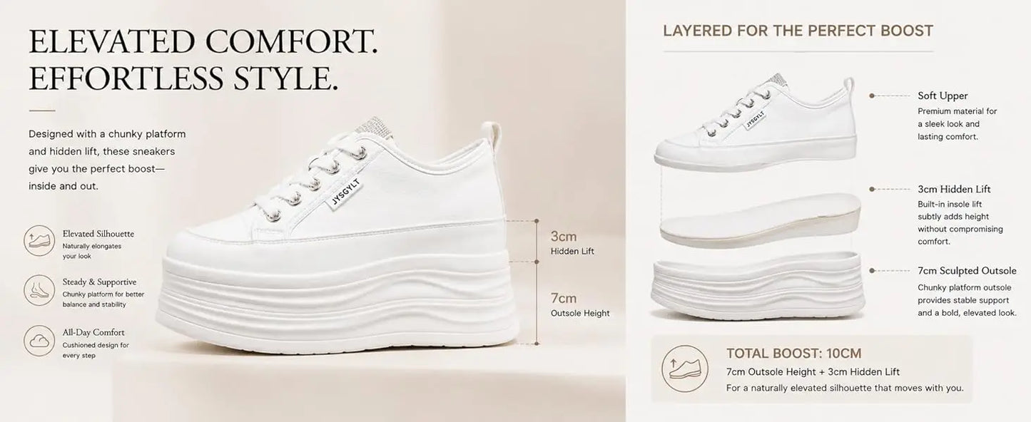 Fujin Casual Shoes For Woman Shoes on Platform Heel Shoes 9 cm 3 inch  White Comfortable High Heel Hidden Chunky Wedge Sneakers