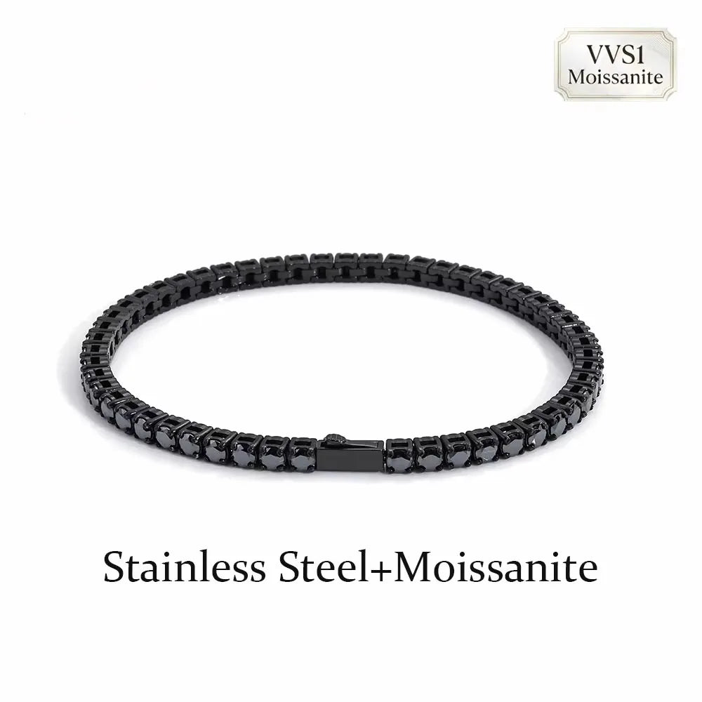 FLEXKING 3/4/5MM Black VVS1 Moissanite Tennis Chain Stainless Steel Men Necklace Bracelet Hip Hop Iced Out Jewelry