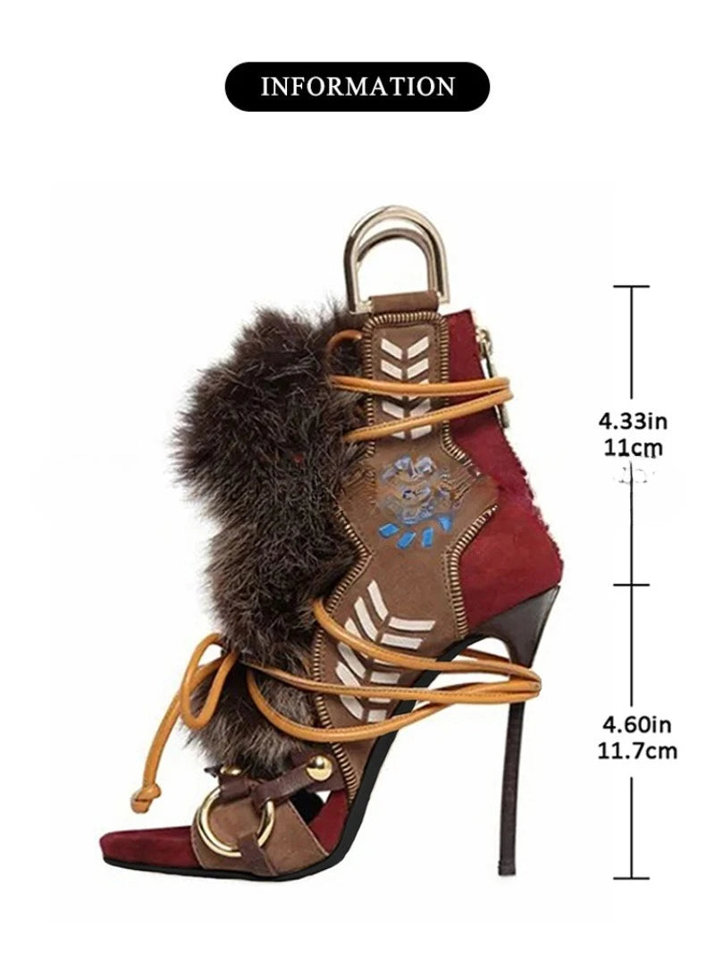 11.5cm Luxury Stiletto Women's Sandals Catwalk Open-toe Color Matching Straps Plush Women's Pumps and Heel Sandalias De Mujer