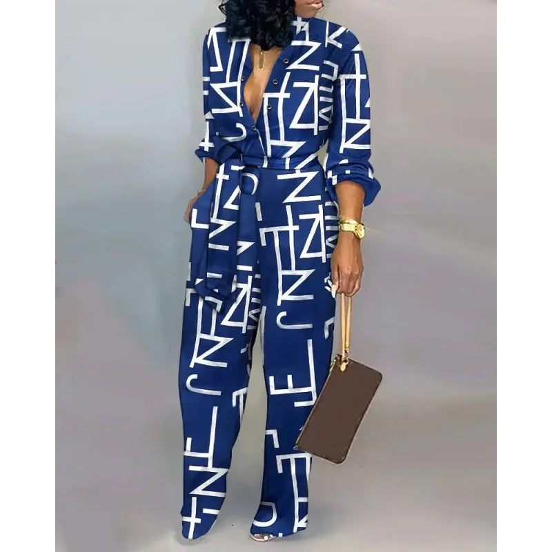 2024 Autumn Casual Women Jumpsuits Print V-Neck High Waist Belt Long Sleeve Elegant Straight Pants Jumpsuit Rompers For Women