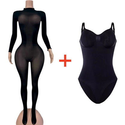 HLJ&GG Sexy Mesh See Through Bodycon Jumpsuits And Bodysuits Suits Women Long Sleeve Stretchy Playsuits Party Night Club Overall