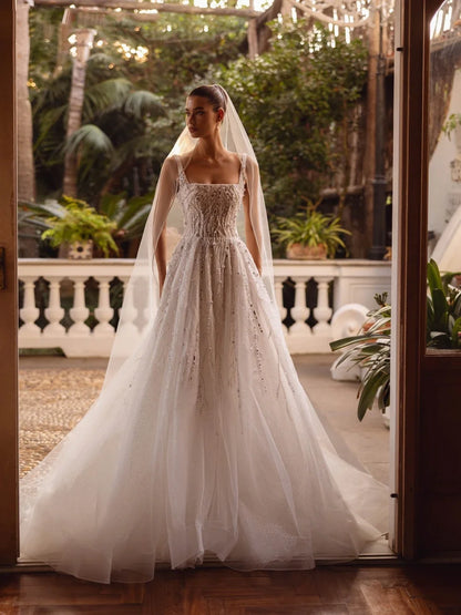 Flavinke Customized Shinin Beaded Pearls Wedding Dresses Sequined A-line Tulle Long Bridal Gown Dreamy Square Neck Dresses Bride