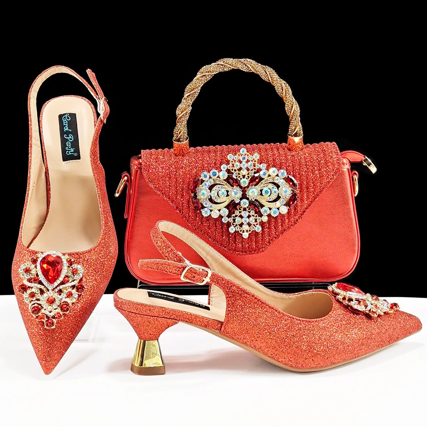 Hot Selling Elegant Noble Colorful Rhinestone Design White Color Party Wedding Pointed Toe High Heel Women Shoes and Bag Set