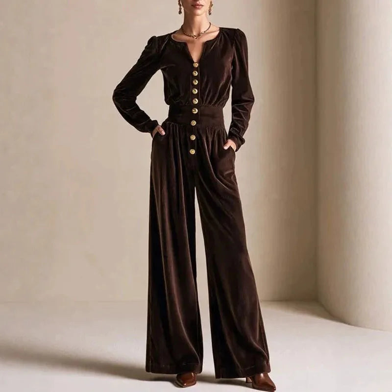 Elegant Solid Corduroy Overalls Ladies Notched V-Neck Long Sleeve Buttons Elastic Waist Romper New Autumn Casual Party Jumpsuits