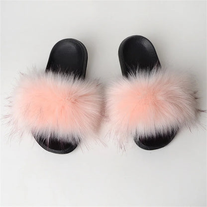 Women's Summer Faux Fur Fox Fur Slippers Fashion Luxury Indoor and Outdoor Non-Slip Solid Color Flat Bottom Furry Sandals