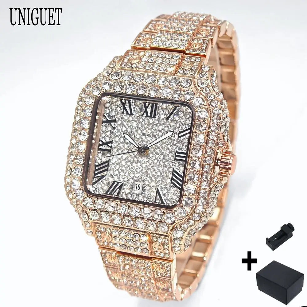 Cool Black Iced Watch For Man Fashion Brand UNIGUET Hip Hop Diamond Bling Bling Jewelry Square Wrist Watch Mens Dropshipping