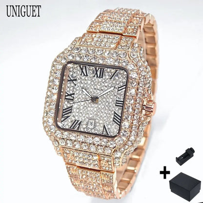 Cool Black Iced Watch For Man Fashion Brand UNIGUET Hip Hop Diamond Bling Bling Jewelry Square Wrist Watch Mens Dropshipping
