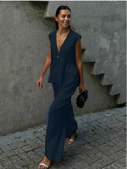 2 Pieces Women Sets 2026 Cotton V-Neck Sleeveless Top Vest + Long Pants New Solid Color Two-Piece Sets Women's Clothing