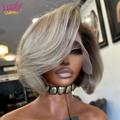 Light Gray Blonde With Brown Roots Short Bob Wig 180 Density Pre-Plucked 13x4 Lace Frontal Human Hair Wigs For Women Straight