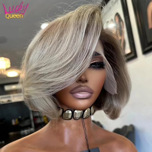 Light Gray Blonde With Brown Roots Short Bob Wig 180 Density Pre-Plucked 13x4 Lace Frontal Human Hair Wigs For Women Straight