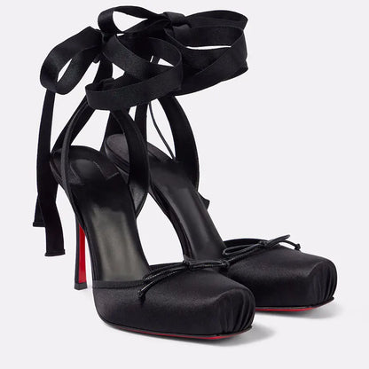New 2026 Summer Women's Nude Satin Lace-Up Bow Heel Closed Square Toe Sandals Ballet Shoes Luxury Dress Slingback Ladies Pumps