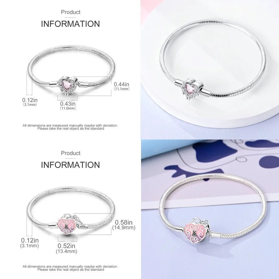 Silver 925 Bracelet Original Bracelets Colorful Zircon Heart Flower Cat Snake Chain For DIY Charms 17-20CM Luxury Jewelry Gifts