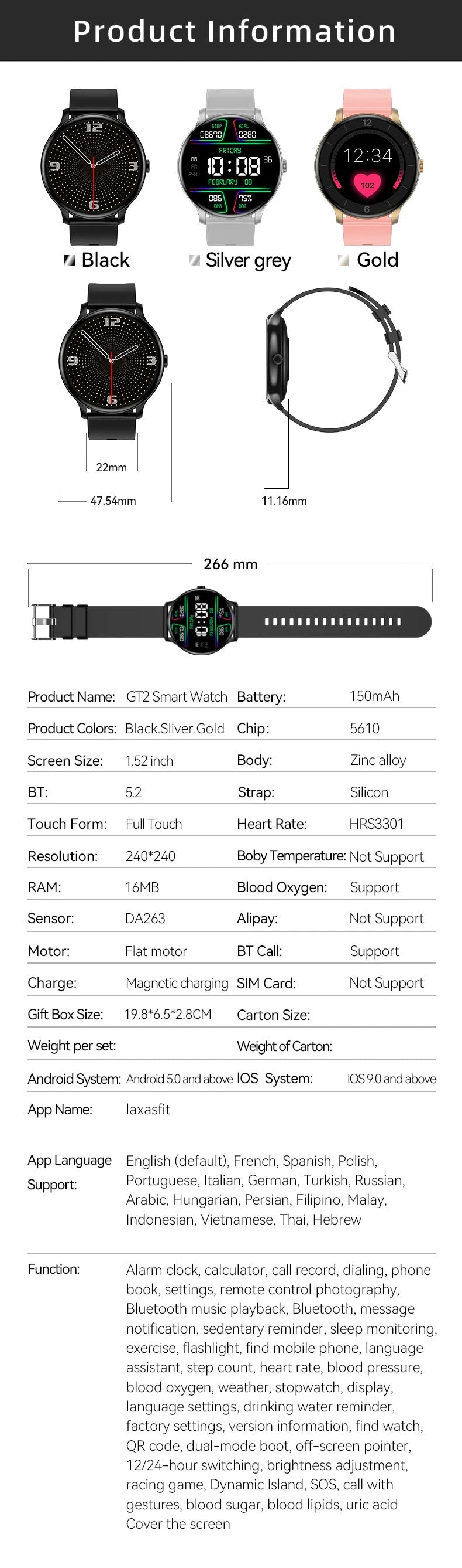 2026 New Smartwatch For Men Android IOS Phone 1.52" Screen Bluetooth Call Blood Oxygen Pressure Monitoring Smart Watch Women