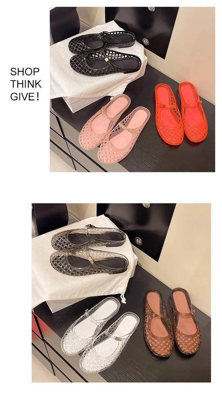 Women's Light Luxury Crystal Jelly Mary Jane Flat Sandals Hollow-out Breathable Closed Toe Summer Casual Non-slip Slip-on Shoes