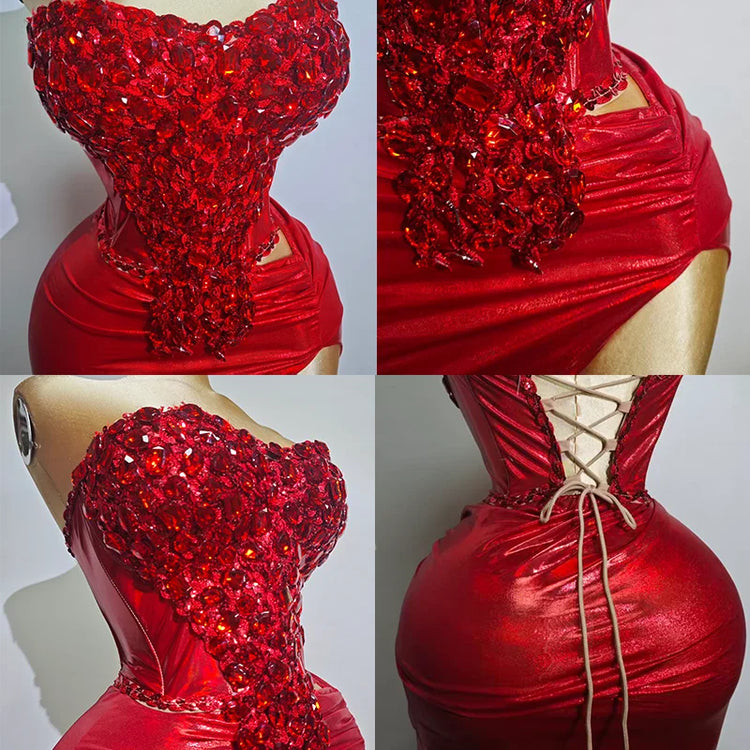 Woman Performance Suit Sexy Pink Backless Strapless Rhinestones Dress Event Costume Dancewear Top And Skirt Birthday Drag Club