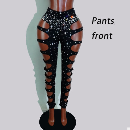 Drag Queen Outfit Sparkly Black Hollow Sexy 2 Piece Crystal Women Evening Prom Celebrate Birthday NightClub Performance Costume