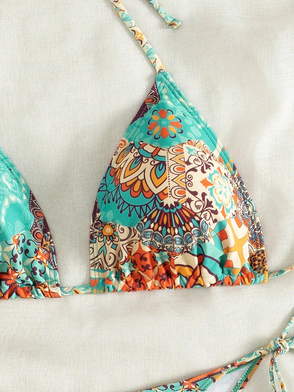 Swimsuit 2026 Female Micro Bikini Women Swimwear Summer Beachwear Women's Bathing Suit Floral Print Neck Halter Thong Bikini Set