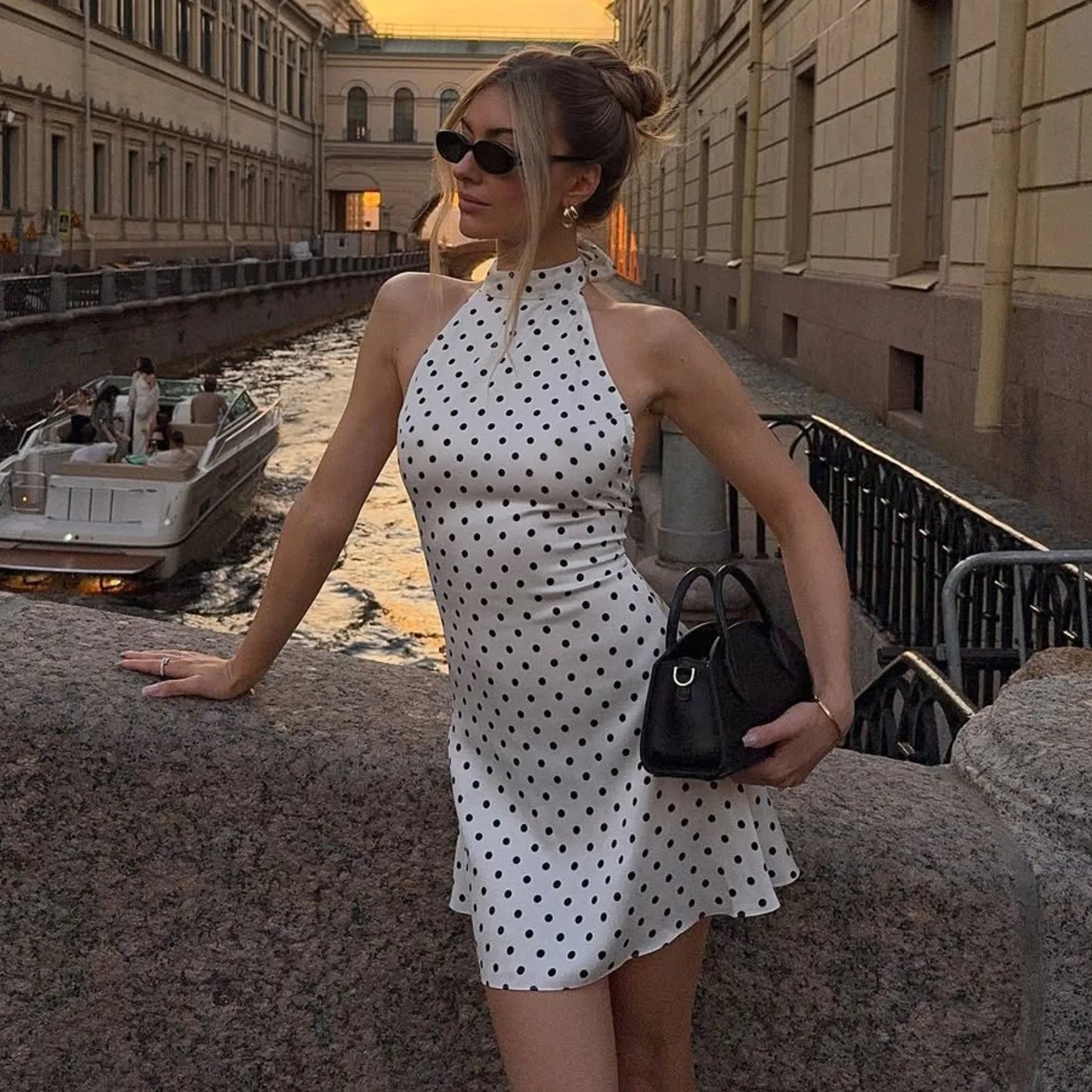 Elegant Off-Shoulder Polka Dot Mini Dress Women's Sleeveless Backless High Waist Y2K Summer Fashion Club Party Gown