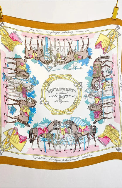 100% Mulberry Silk Square Scarf Vintage Equestrian Horse Saddle Print Bandana Unisex Neck Head Wrap Office Travel Holiday Gift