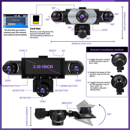 BCUOZ 5-Lens 360° Dashcam with Super Night Vision - 1080P Front 720P Rear Left Right Car Cameras Loop Recording G-Sensor WDR 12-24V Plug Power Supply Optional 64GB Memory Card